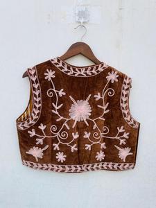Brown Velvet Lightweight Bohemian <b>Floral</b> Embroidered Zipper Closure Cotton Vest Women Short V-neck Streetwear <b>Waistcoat</b> - Product Image 6