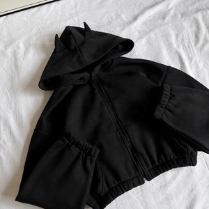 Nuevo Diseño Sudadera con Capucha Corta para Mujer Estilo Y2K Gótico con Cuernos de Diablo Negros, Cremallera y Acento de Cuerno 3D, con Dobladillo Elástico Fruncido - Product Image 3