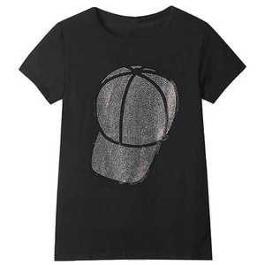 T-shirt noir uni 100 % coton à manches courtes avec imprimé casquette de baseball à paillettes, col rond, coupe ample, décontracté, tricoté pour homme - Product Image 5