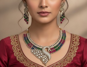 Parure de bijoux de mariée de luxe multicolore paon en laiton plaqué or avec pierres CZ et boucles d'oreilles assorties, style indien traditionnel - Product Image 1