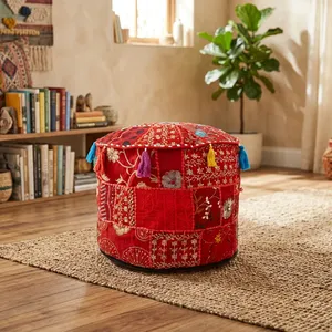 Traditional Latest Patchwork Embroidery Ottoman Pouf Cover Round Footstool Cover Living Room Furniture <b>Stool</b> Cushion Seat - Product Image 3