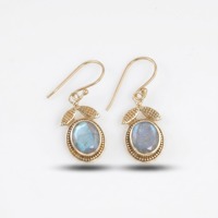 Boucles d'oreilles pendantes vintage en labradorite naturelle plaquées or 18 carats, motif feuille, pierre précieuse ovale, bijoux faits main inspirés de la nature, cadeau pour femme, soirée