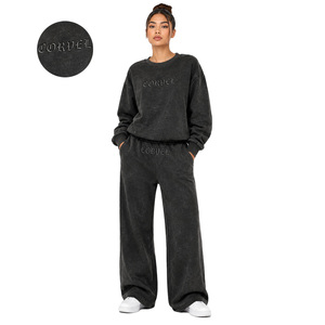 Conjunto de Sudadera con Cuello Redondo y Pantalones Anchos de Felpa para Mujer, con Lavado Ácido, Logotipo en Relieve 3D, Fabricante OEM, Alto GSM - Product Image 1