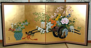 Japanese <b>Art</b> Deco Traditional Gold <b>Leaf</b> & Silk BIOMBO Folding Screen Wall <b>Art</b> Partition for Living Room Dining Room - Product Image 4
