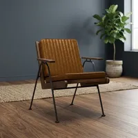 Fauteuil lounge vintage en cuir marron cousu main avec structure en bois, pieds en métal, siège rembourré, fauteuil d'appoint moderne pour salon