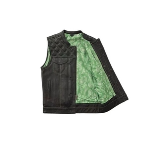 Custom Breathable Waterproof Winter Leather Biker Vest <b>Green</b> Stitching Premium Motorcycle Vest <b>Mens</b> Quilted <b>Waistcoat</b> OEM ODM - Product Image 4
