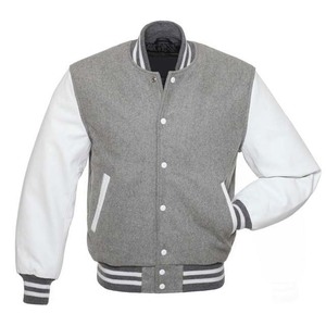 High Quality Men's <b>Winter</b> Varsity <b>Jacket</b> Wool Grey <b>Leather</b> Sleeve with Stand Collar Casual Style OEM Custom Button Design - Product Image 3