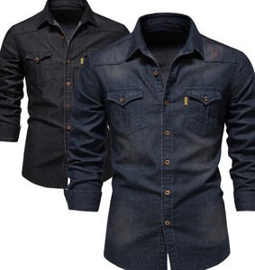 <b>Men's</b> Slim Fit Denim Shirt Long Sleeve Solid Color Cotton Casual Turn-down Collar With Pockets Stonewash Finish - Product Image 5