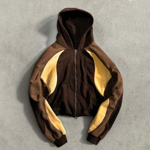 Sweat à capuche pour homme personnalisé 100% coton vintage, fermeture éclair intégrale rétro, logo brodé, style hip-hop, design patchwork - Product Image 6