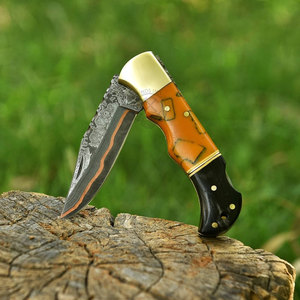 Luxury Japanese Style Steel Copper Damascus Back <b>Lock</b> Folding Pocket Knife Tactical Outdoor Resin Brass Bolster Handle 6.5" - Product Image 4