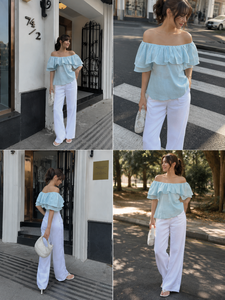 Robe élégante bleu clair à épaules dénudées, pantalon large à taille haute blanc, ensemble deux pièces, style bohème vintage en lin/coton pour femmes - Product Image 6