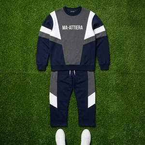 <b>Men</b> <b>Navy</b> Blue Grey White Color Block Crewneck Sweatshirt <b>Jogger</b> Pants Set Casual Streetwear Tracksuit - Product Image 5
