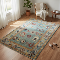 Tapis en laine fait main de style antique, doux, pastel, Oushak, rustique, d'inspiration anatolienne, motif médaillon vert sarcelle profond, à poils ras, pour salon