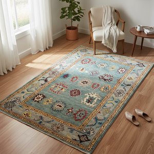 Handmade Antique-Style Wool Carpet Soft Pastel Oushak <b>Rustic</b> Anatolian Accent Mat Deep Teal Medallion Low-Pile <b>Rug</b> - Product Image 3