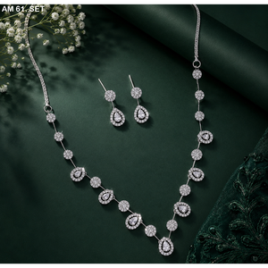 MIJ Luxury American Diamond Necklace Set with CZ Stones Silver Plated <b>Bridal</b> Jewelry Set Silver Plated Alloy Fashion Necklaces - Product Image 1