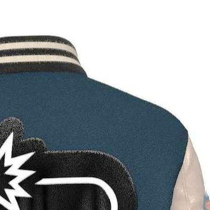 Veste universitaire bleu sarcelle foncé et beige avec graphiques lettrés et sur les manches, logo personnalisé - Product Image 6