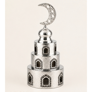 Luxury Silver Hammered Metal Mosque Minaret Tower Ornament with Crescent Moon <b>Top</b> for Ramadan <b>Table</b> <b>Decoration</b> and Eid Mubarak - Product Image 3