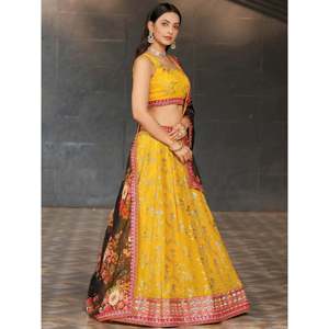 Yellow <b>Sequins</b> Georgette Haldi Wear Lehenga Choli for Women - Product Image 5