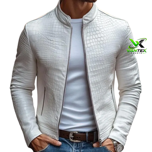 VANTEX SPORTS Blouson de moto en cuir véritable gaufré effet peau de serpent vert pour homme, col montant, fermeture éclair simple - Product Image 3