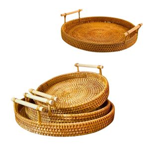 Handwoven RATTAN <b>TRAY</b> FRUIT STORAGE BASKET with Handles OEM ODM Handmade Wicker <b>Tray</b> - Product Image 1