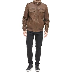 Blouson moto en cuir bordeaux pour homme, col montant, fermeture éclair, coupe ajustée, coupe-vent, pour l'automne, couleur unie - Product Image 3