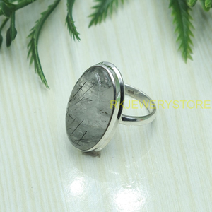 Natural Black Rutilated <b>Quartz</b> Oval Cabochon <b>Ring</b> 925 Sterling Silver Handmade Statement Jewelry Women Crystal Gemstone <b>Ring</b> - Product Image 3