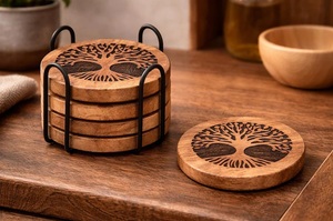 Tree of Life Laser Engraved Solid Wood Coaster Set Heat Resistant Drink Mat <b>Table</b> <b>Protector</b> Coffee Tea Cup Holder - Product Image 2