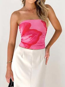 Women Strapless Floral Printed Crop <b>Top</b> <b>Pink</b> Sexy Club Wear Spring Summer Casual <b>Tube</b> <b>Top</b> - Product Image 3