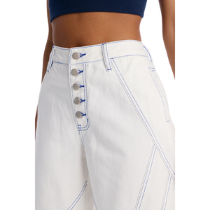 <b>Womens</b> <b>White</b> Wide Leg <b>Jeans</b> Mid Waist Casual Regular Fit Denim Pants Breathable 100% Cotton Contrast Stitching Button Front Full - Product Image 3