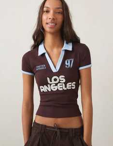 Oneten Women Brown Short Sleeve Cropped <b>Polo</b> <b>Shirt</b> Light <b>Blue</b> Collar Letter Print Sporty Top - Product Image 3