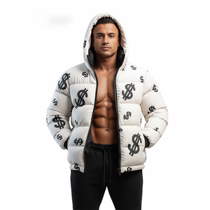 Blouson matelassé à capuche blanc pour homme avec imprimé dollar, manteau d'hiver style streetwear, vêtement d'extérieur chaud, vente en gros - Product Image 1