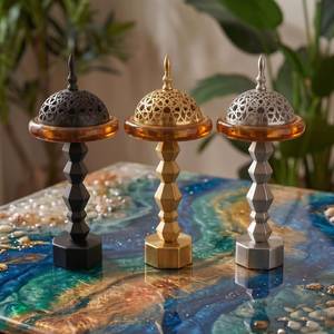 Skies Trader Quemador de Incienso Alto de Acero Inoxidable Dorado y Negro con Diseño Arabesco, Incensario para Bakhoor y Soporte para Fragancia de Carbón de Oud Árabe - Product Image 5