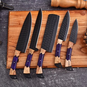 Custom Handmade Five-Piece Chef <b>Set</b> in Carbon Steel with Wood+Resin Handles <b>Sharp</b> Blades Ambidextrous Design Leather Roll Bag - Product Image 4