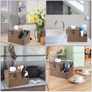 High Quality Seagrass Tissue Box Holder with Side Organizer Vintage Style <b>Square</b> Shape for Tableware Bathroom Home Office - Product Image 3