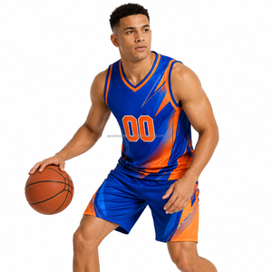 Ensemble de maillot de basket-ball sublimé bleu et orange pour hommes, col en V, sans manches, respirant, en mesh, uniforme sportif toutes saisons - Product Image 1