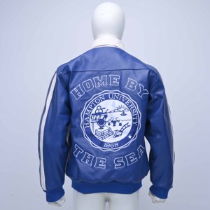 Overtime Hampton Real Leather Winter <b>Jacket</b> <b>Men</b> Blue <b>White</b> Embroidered Letter Logo Zipper Front Turn-down Collar Preppy Style - Product Image 2
