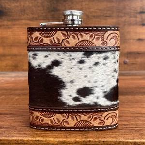 2024 New Wholesale 8oz Portable Brown Cowhide Leather Wrapped Stainless Steel Hip <b>Flask</b> Hand Tooled Leather Wine Whiskey <b>Flask</b> - Product Image 2