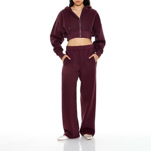 Sudadera con capucha para mujer, corta, con cremallera frontal, oversize, de forro polar, manga larga, color liso, hombros caídos, de algodón tejido, informal de invierno - Product Image 1