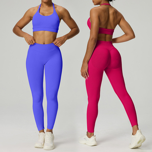 Ensemble de yoga uni pour femme, legging taille haute et crop top, sans couture, en Spandex et Polyester, 2 pièces, tenue de sport, col licou, fitness - Product Image 1