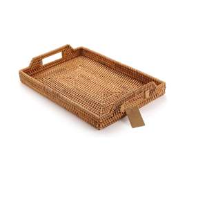 Plateau de service rectangulaire élégant en rotin avec poignées, idéal pour le petit-déjeuner au lit, les soirées à l'école de cuisine ou les dîners. - Product Image 1