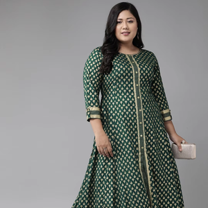 Kurta de Rayón Floral Verde Dorado al por Mayor, Talla Grande, Cuello Redondo, Mangas Tres Cuartos, Tela Premium - Product Image 1