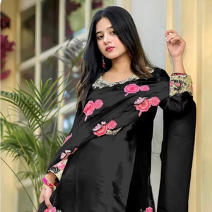 Premium Heavy Japan Satin Kurti Farshi Salwar Set with Embroidery Work <b>Wedding</b> Festive Wear Suit with Dupatta - Product Image 1