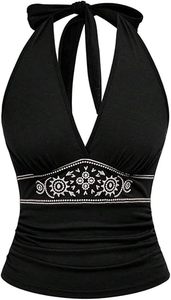 <b>Women's</b> <b>White</b> Halter <b>Tank</b> <b>Top</b> With Black Embroidery Bohemian Style Breathable Knitted Spandex Polyester <b>Top</b> - Product Image 3