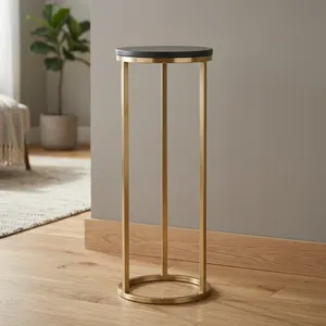 Modern Round <b>Side</b> <b>Table</b> with Brass Finish Metal Frame and <b>Marble</b> <b>Top</b> Display Holder for Living Room Home Furniture - Product Image 2