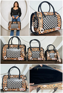 Limited Edition Checkerboard Tooled Leather Speedy Bag Floral Carving Cowhide Leather Card Design Big Size Duffle Bag for Unisex - Product Image 3