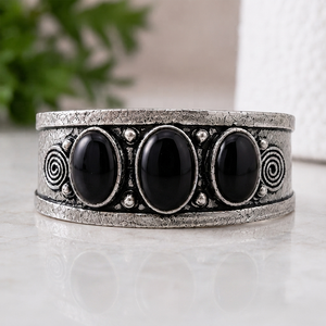 Handmade Black Onyx Bezel Setting Three Stone Oval Wide <b>Cuff</b> Bangle <b>Silver</b>/Gold Plated Brass Classic Bohemian Jewelry for Unisex - Product Image 3