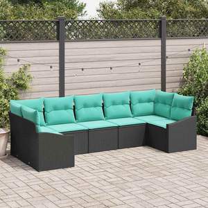 Ensemble de canapés de jardin en polyrotin noir et turquoise, 7 pièces - Product Image 1