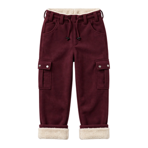 <b>Mens</b> Burgundy Sherpa <b>Lined</b> Heavyweight <b>Fleece</b> Cargo Pants Warm Utility Pockets Drawstring Waist Winter Casual Street Style - Product Image 1