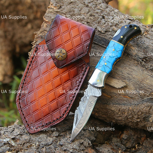 UA Supplies Luxury Industrial Grade Damascus Steel Back <b>Lock</b> Clip Point Folding Knife Turquoise Gemstone Handle Handmade Hunting - Product Image 6