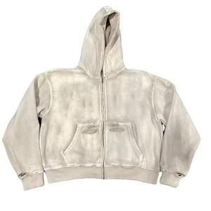 Sudadera con capucha personalizada al por mayor con gráfico de llamas para hombre, estilo oversize, roja, vintage, streetwear, con cremallera completa, efecto desgastado, proveedor OEM - Product Image 4
